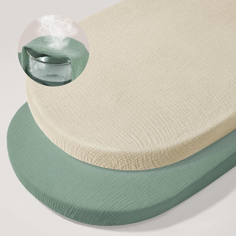 Basumee Muslin Bassinet Sheets for Baby Girl Boy 2 Pack Soft Breathable Baby Bedside Bassinet Fitted Sheets with Bottom Elastic Band 33''x17''x4'' Mattress Cover for Rectangle Oval Hourglass Bassinets - Image 1